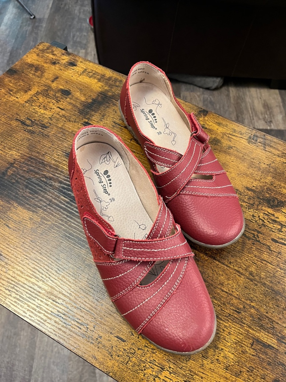 Spring Step Red Leather Mary Jane Flats with Stitch Detail